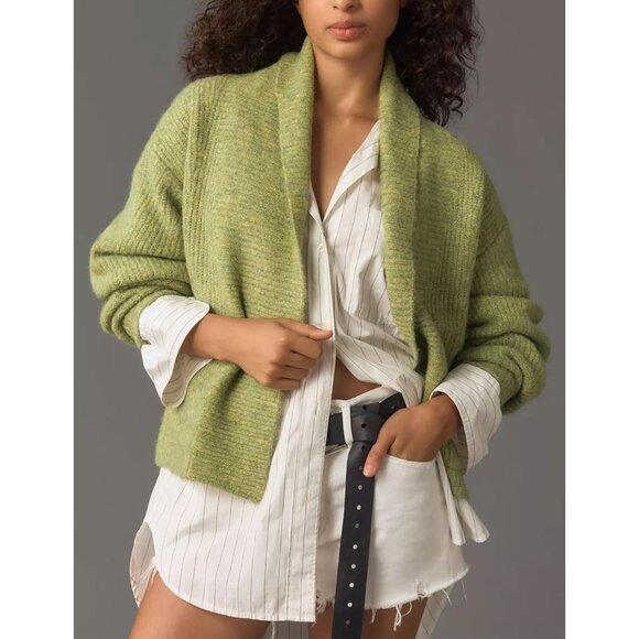 Cropped Open Front Sweater Womens Knitwear Small Casual Pockets Green - Picture 5 of 5